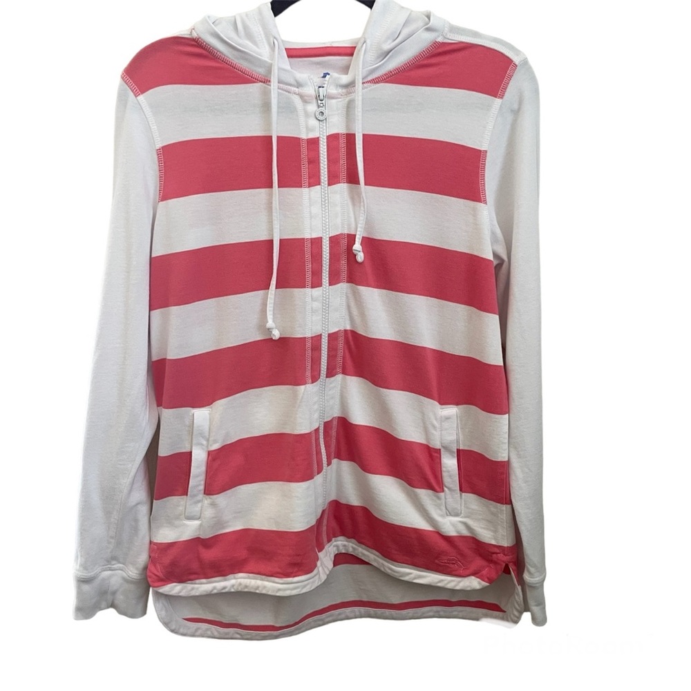 Tommy Bahama White & Pink Striped Zippered Hoodie - M